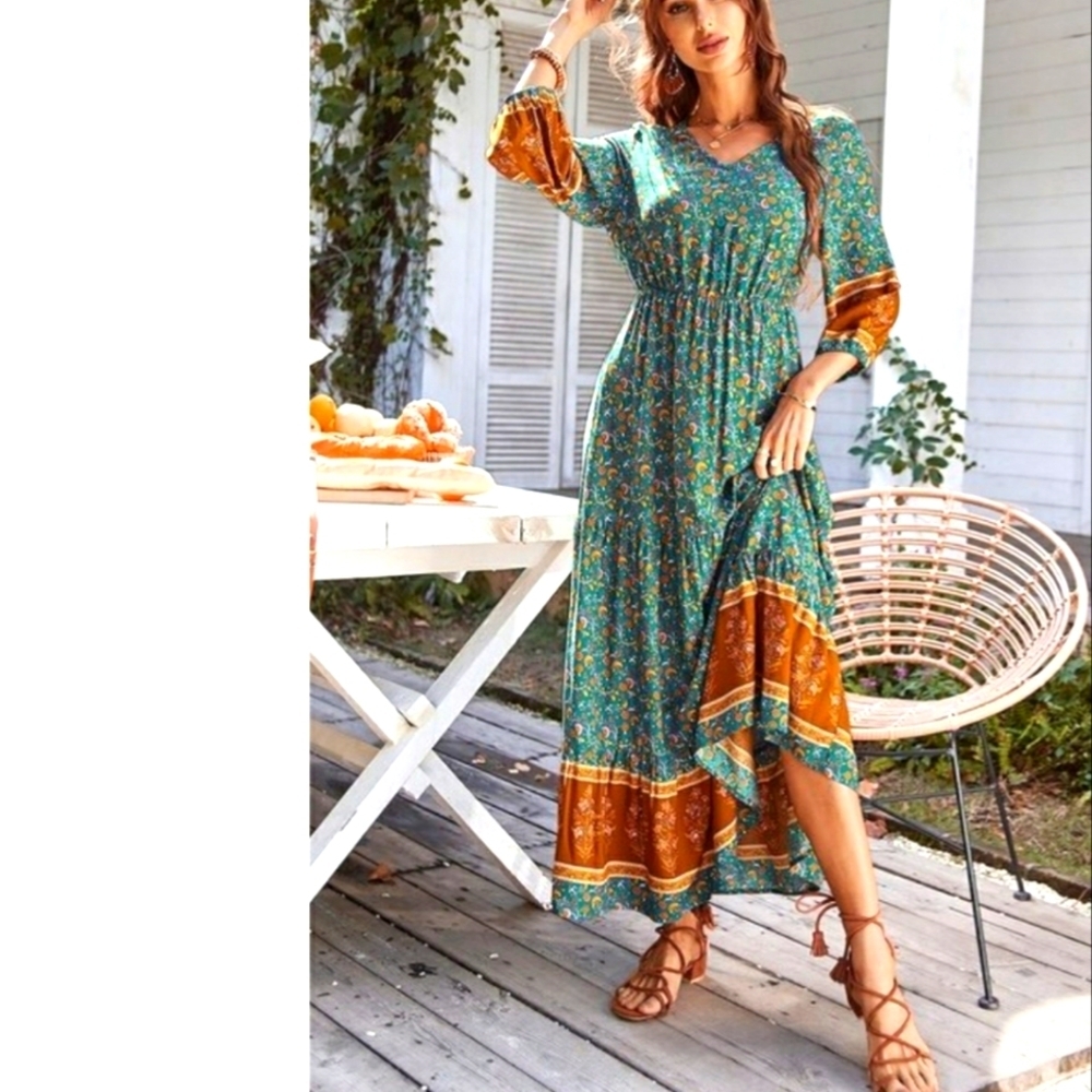 Wandering Gypsy Maxi Boho Dress Color block Spell Love Bohemian Cottagecore Chic